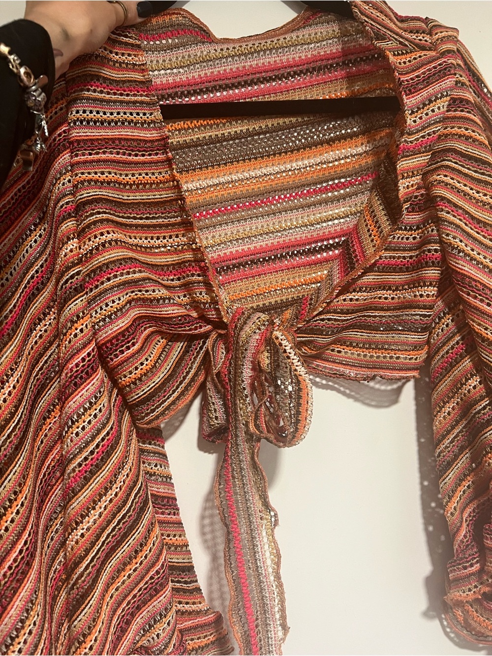 Striped Multicolor Cropped Front tie Knit Top
